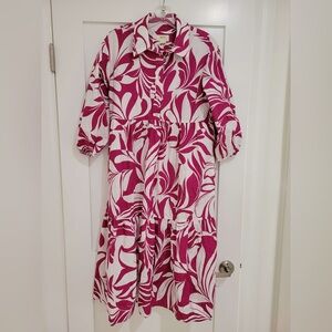 Maeve magenta + white patterned Bettina collared dress w/ poofy sleeves